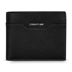 A direct front-facing studio shot of the closed Cerruti 1881 Croce men's black Saffiano leather bifold wallet, highlighting its silver metallic logo and signature geometric front pocket.