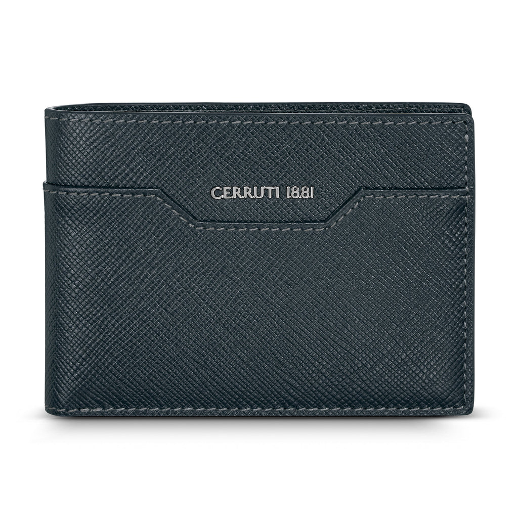 A direct front-facing studio shot of the closed Cerruti 1881 Croce men's blue Saffiano leather wallet, highlighting the silver metallic logo and geometric exterior card slot.