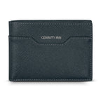 A direct front-facing studio shot of the closed Cerruti 1881 Croce men's blue Saffiano leather wallet, highlighting the silver metallic logo and geometric exterior card slot.