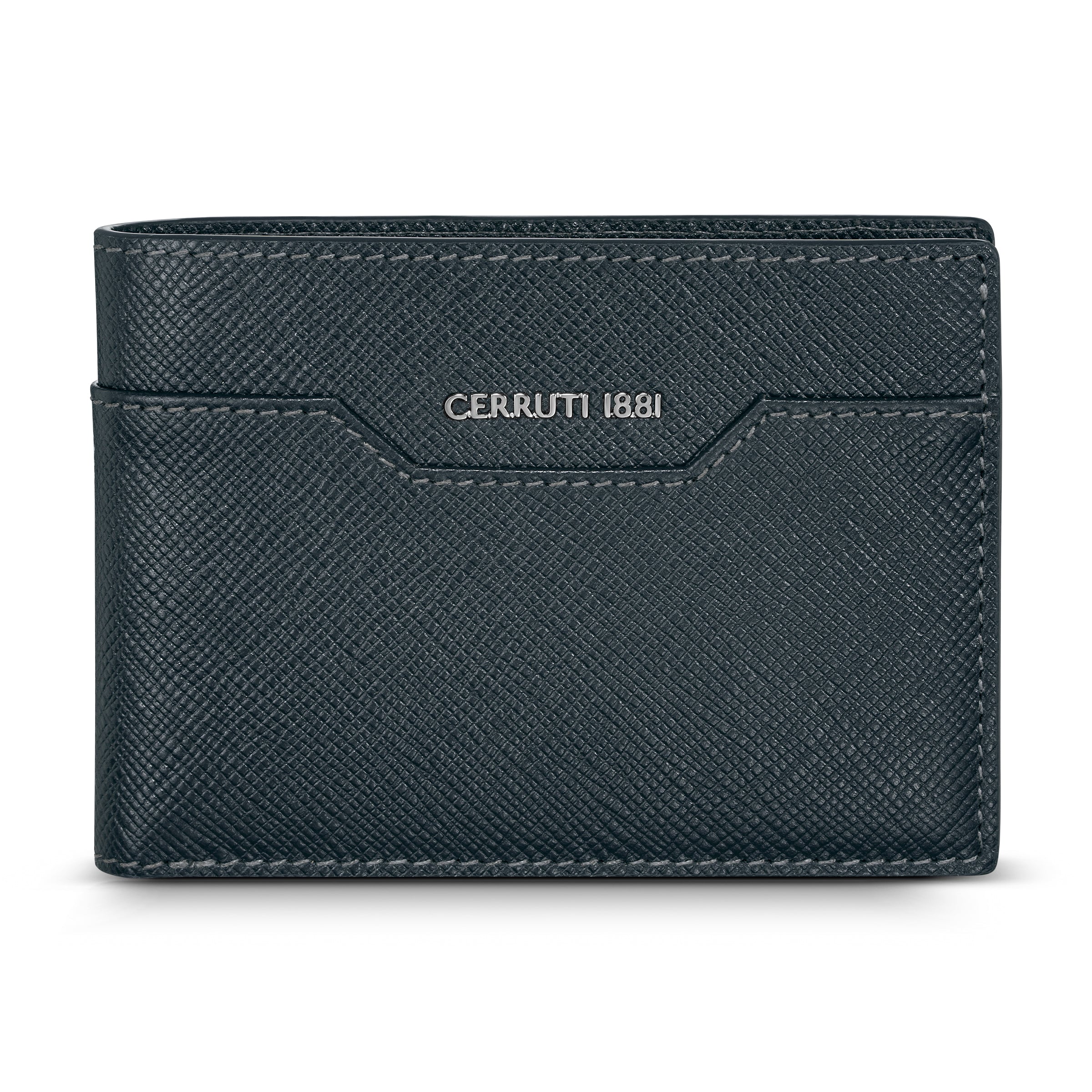 A direct front-facing studio shot of the closed Cerruti 1881 Croce men's blue Saffiano leather wallet, highlighting the silver metallic logo and geometric exterior card slot.
