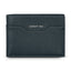 A direct front-facing studio shot of the closed Cerruti 1881 Croce men's blue Saffiano leather wallet, highlighting the silver metallic logo and geometric exterior card slot.