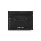 A direct front-facing studio shot of the Cerruti 1881 Croce men's black genuine leather cardholder, highlighting its textured Saffiano finish, multiple slots, and polished silver-tone logo.