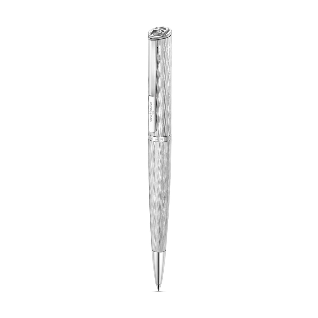 Vertical studio view of the Saint Honoré Celebre stainless steel ballpoint pen, showcasing its deeply brushed textured body, high-polished silver trims, and the engraved logo pocket clip.