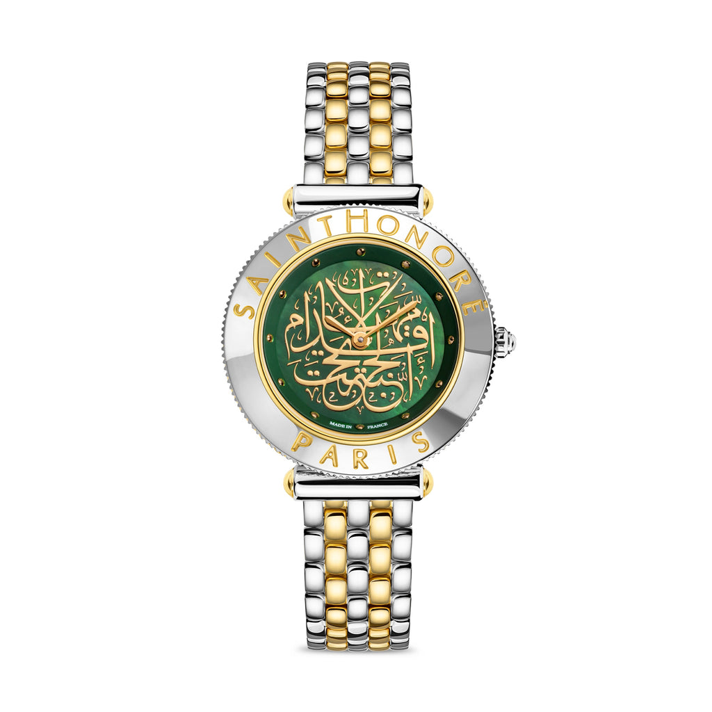 Clean frontal studio view of the Saint Honoré Gala 34mm two-tone watch, showcasing the green mother-of-pearl dial with gold Arabic calligraphy script, engraved logo bezel, and five-row link bracelet.