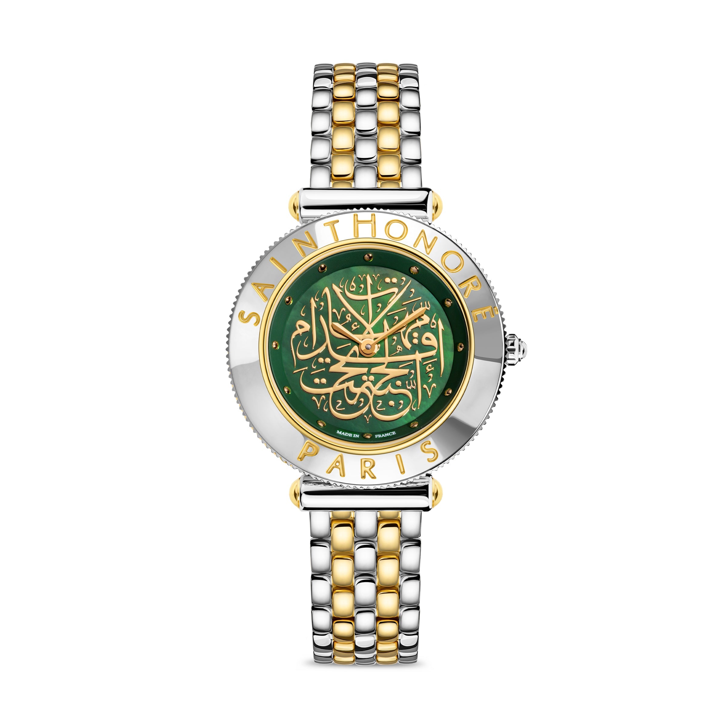 Clean frontal studio view of the Saint Honoré Gala 34mm two-tone watch, showcasing the green mother-of-pearl dial with gold Arabic calligraphy script, engraved logo bezel, and five-row link bracelet.