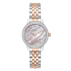 Front studio photography of the Police Caselight watch PEWLG2240802, showcasing its silver round IPS case, shimmering double-row crystal bezel, pink mother of pearl dial with crystal indices, and matching two-tone bracelet.