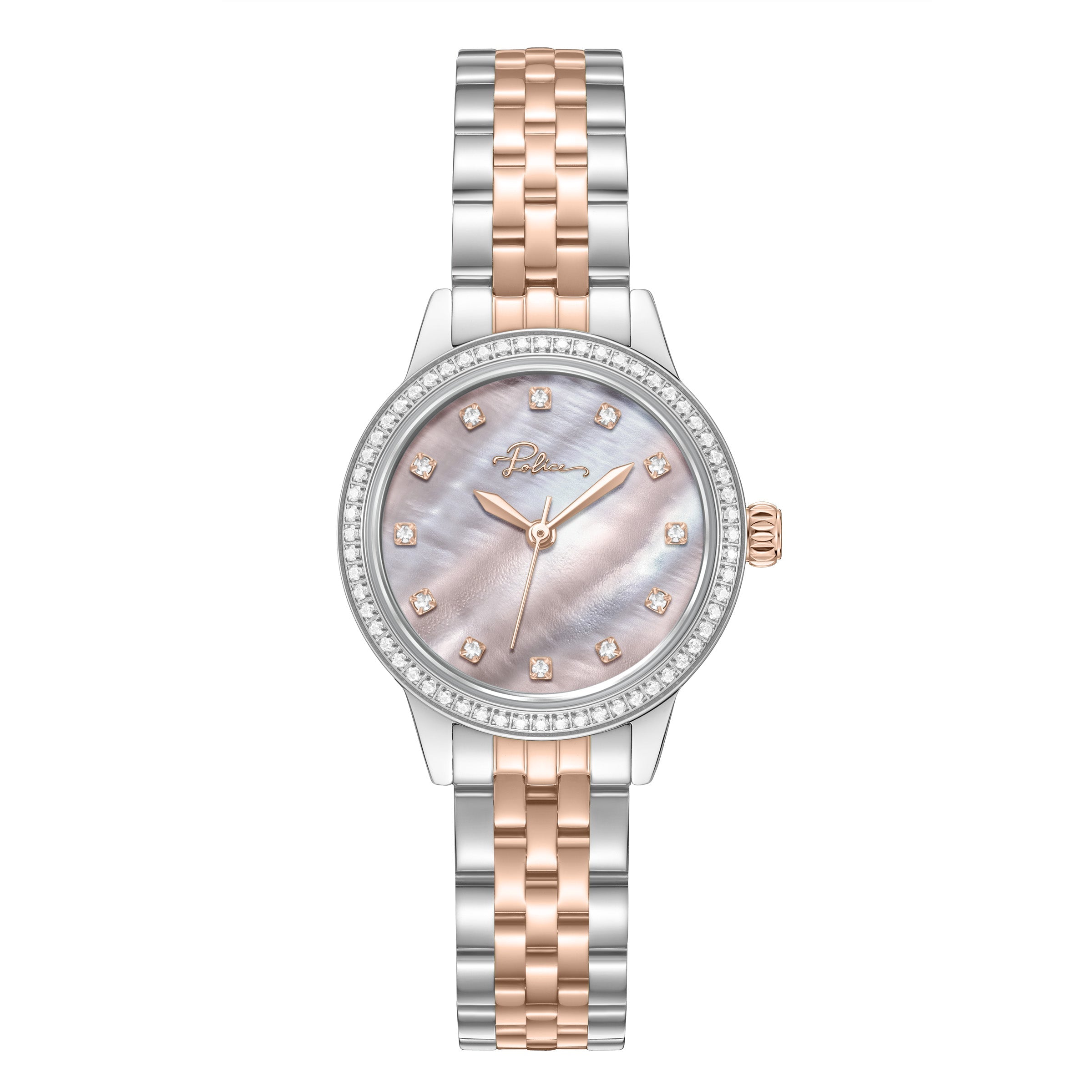 Front studio photography of the Police Caselight watch PEWLG2240802, showcasing its silver round IPS case, shimmering double-row crystal bezel, pink mother of pearl dial with crystal indices, and matching two-tone bracelet.