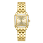 Front studio layout of the Police Caselight women's watch PEWLG2240903, showing its square IP gold-plated case, shimmering champagne sunray dial, crystal-accented bezel, and matching gold link bracelet.