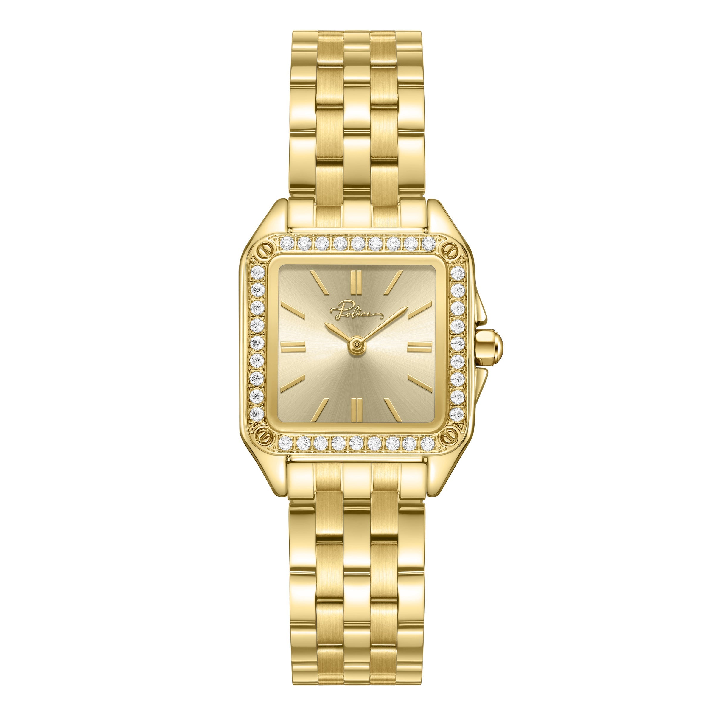 Front studio layout of the Police Caselight women's watch PEWLG2240903, showing its square IP gold-plated case, shimmering champagne sunray dial, crystal-accented bezel, and matching gold link bracelet.