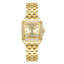 Front studio layout of the Police Caselight women's watch PEWLG2240903, showing its square IP gold-plated case, shimmering champagne sunray dial, crystal-accented bezel, and matching gold link bracelet.