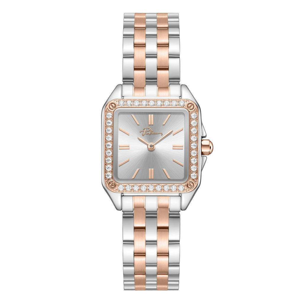 Front studio layout of the Police Caselight women's watch PEWLG2240904, displaying its square stainless steel case, rose gold-plated crystal bezel, silver sunray dial, and matching two-tone link bracelet.