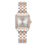 Front studio layout of the Police Caselight women's watch PEWLG2240904, displaying its square stainless steel case, rose gold-plated crystal bezel, silver sunray dial, and matching two-tone link bracelet.
