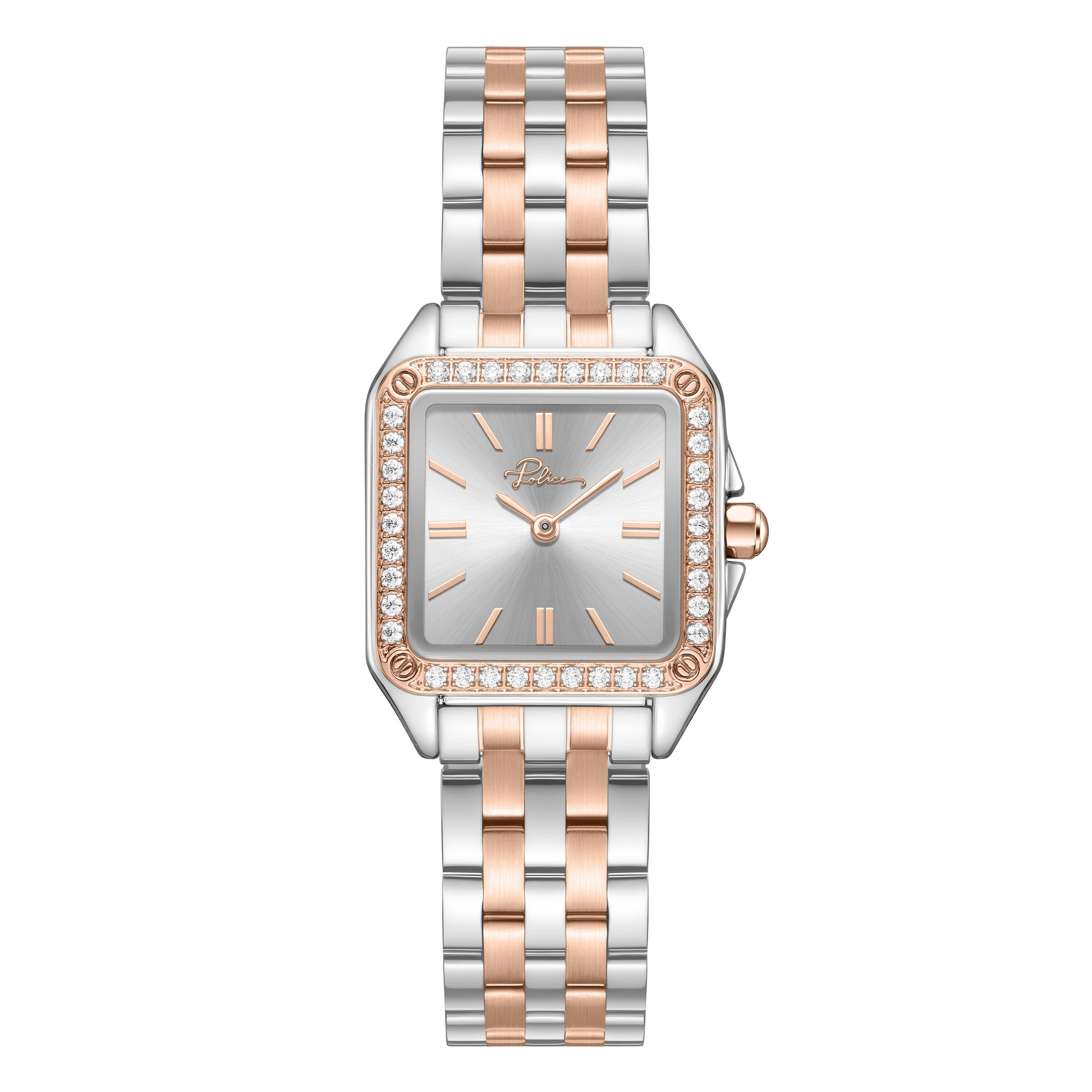 Front studio layout of the Police Caselight women's watch PEWLG2240904, displaying its square stainless steel case, rose gold-plated crystal bezel, silver sunray dial, and matching two-tone link bracelet.