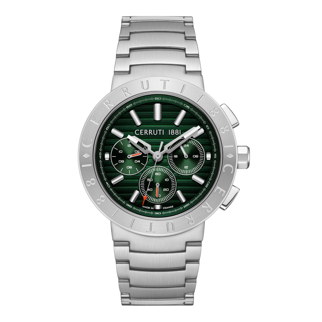 A direct, face-forward studio presentation of the Cerruti 1881 Filiano watch highlighting the horizontal grooved green dial, three sub-dials with red hand accents, and the engraved silver-tone logo bezel.