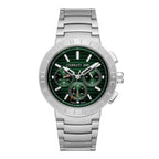 A direct, face-forward studio presentation of the Cerruti 1881 Filiano watch highlighting the horizontal grooved green dial, three sub-dials with red hand accents, and the engraved silver-tone logo bezel.