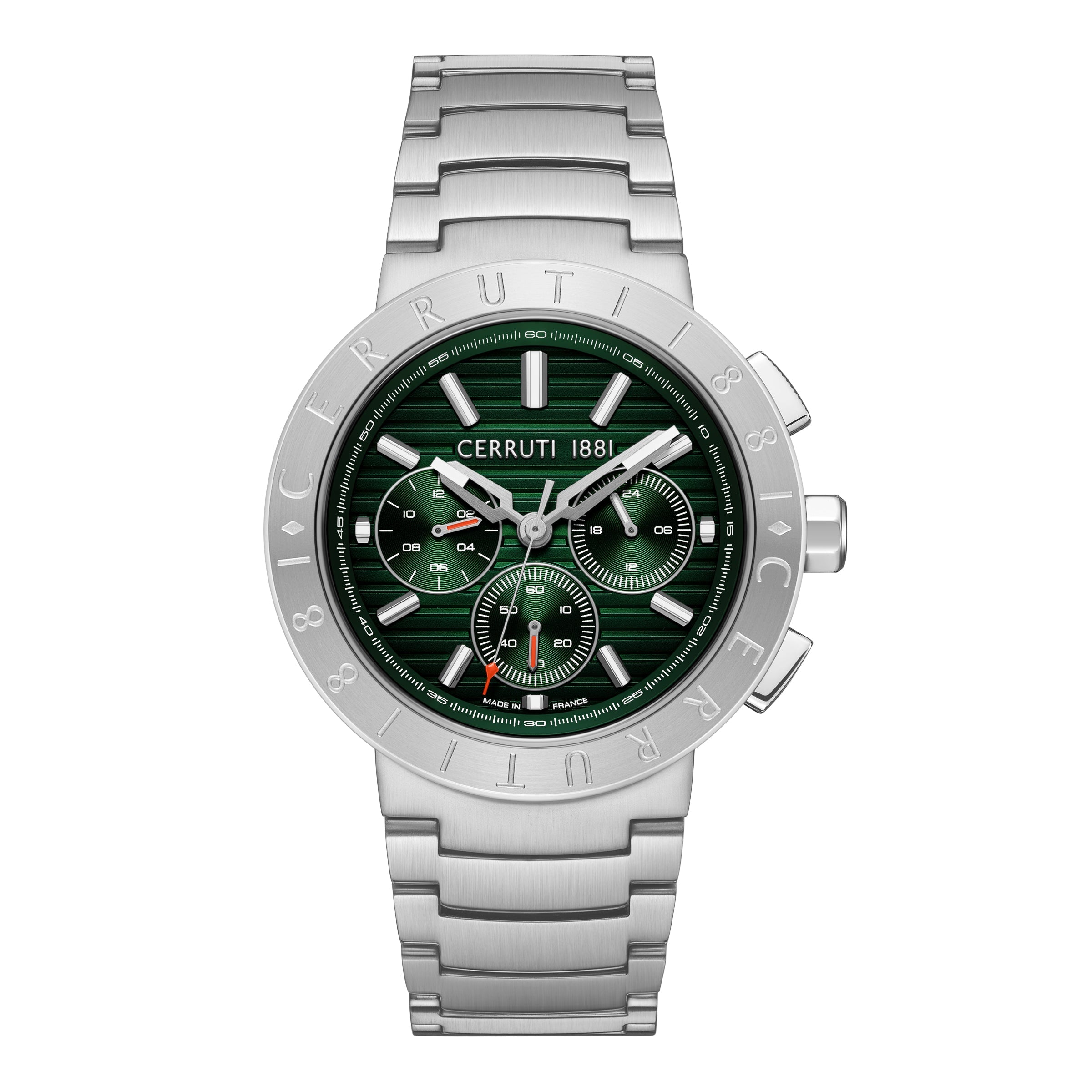 A direct, face-forward studio presentation of the Cerruti 1881 Filiano watch highlighting the horizontal grooved green dial, three sub-dials with red hand accents, and the engraved silver-tone logo bezel.