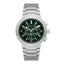 A direct, face-forward studio presentation of the Cerruti 1881 Filiano watch highlighting the horizontal grooved green dial, three sub-dials with red hand accents, and the engraved silver-tone logo bezel.