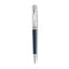 A high-resolution studio presentation of the Aigner Modeno Due men's luxury ballpoint pen displayed horizontally against a white background, highlighting its brass barrel finished with a smooth midnight-blue lower grip, a silver-tone cap engraved with diagonal spiraling grooves, a vertical Aigner logo on the central silver band, a sleek pocket clip, and the exposed fine writing tip.