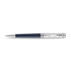 A high-resolution studio presentation of the Aigner Modeno Due men's luxury ballpoint pen displayed horizontally against a white background, highlighting its brass barrel finished with a smooth midnight-blue lower grip, a silver-tone cap engraved with diagonal spiraling grooves, a vertical Aigner logo on the central silver band, a sleek pocket clip, and the exposed fine writing tip.