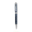 A high-resolution studio presentation of the Aigner Modeno Due men's luxury ballpoint pen displayed horizontally, highlighting its brass barrel finished in an engraved, spiraling blue-grey fluted pattern, the central silver band with a vertical Aigner logo, a sleek chrome pocket clip, and the exposed fine silver writing cone.