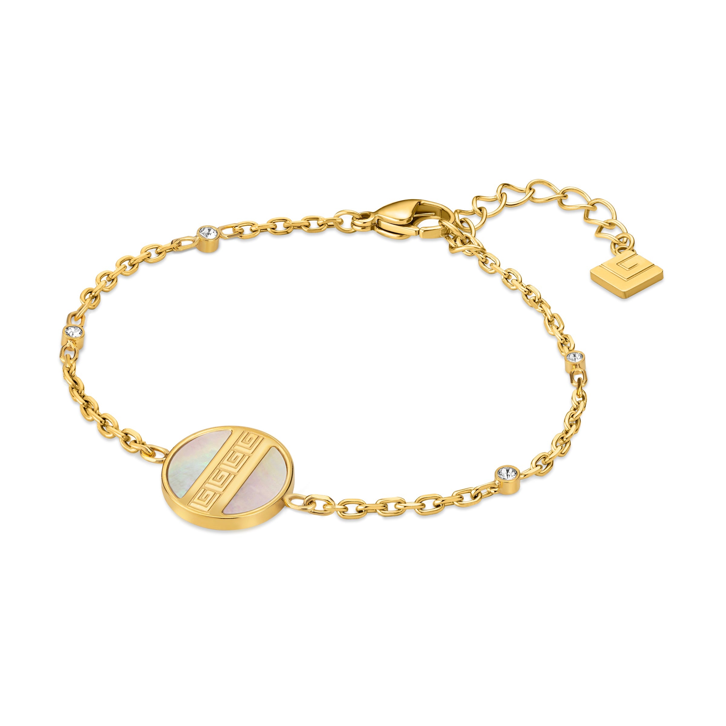 Gold-toned chain bracelet with a circular white mother of pearl inlay featuring a gold Greek key pattern and clear stone acce