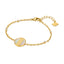Gold-toned chain bracelet with a circular white mother of pearl inlay featuring a gold Greek key pattern and clear stone acce