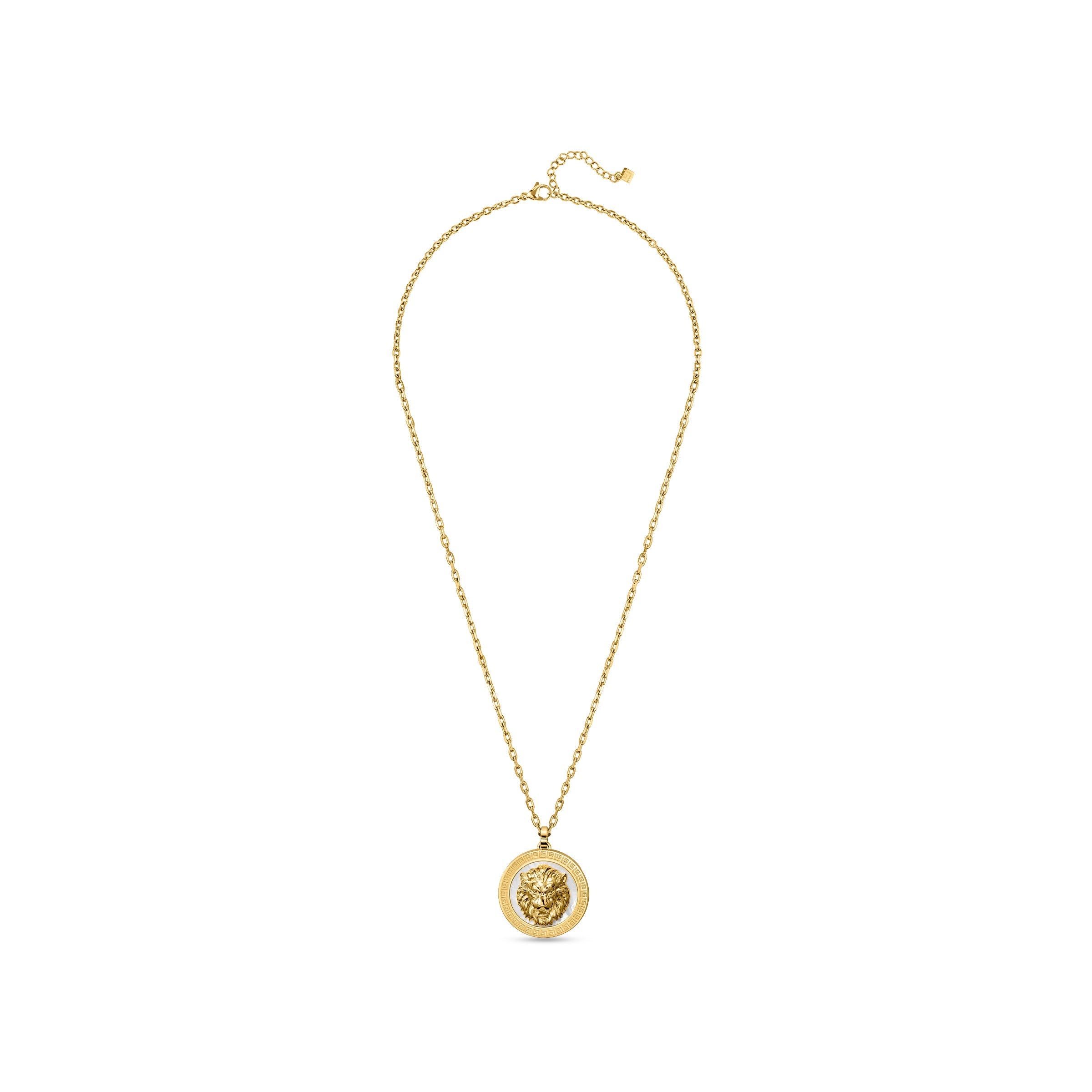 Gold-toned necklace with a round pendant featuring a raised lion's head and a white mother-of-pearl-like rim with Greek key p