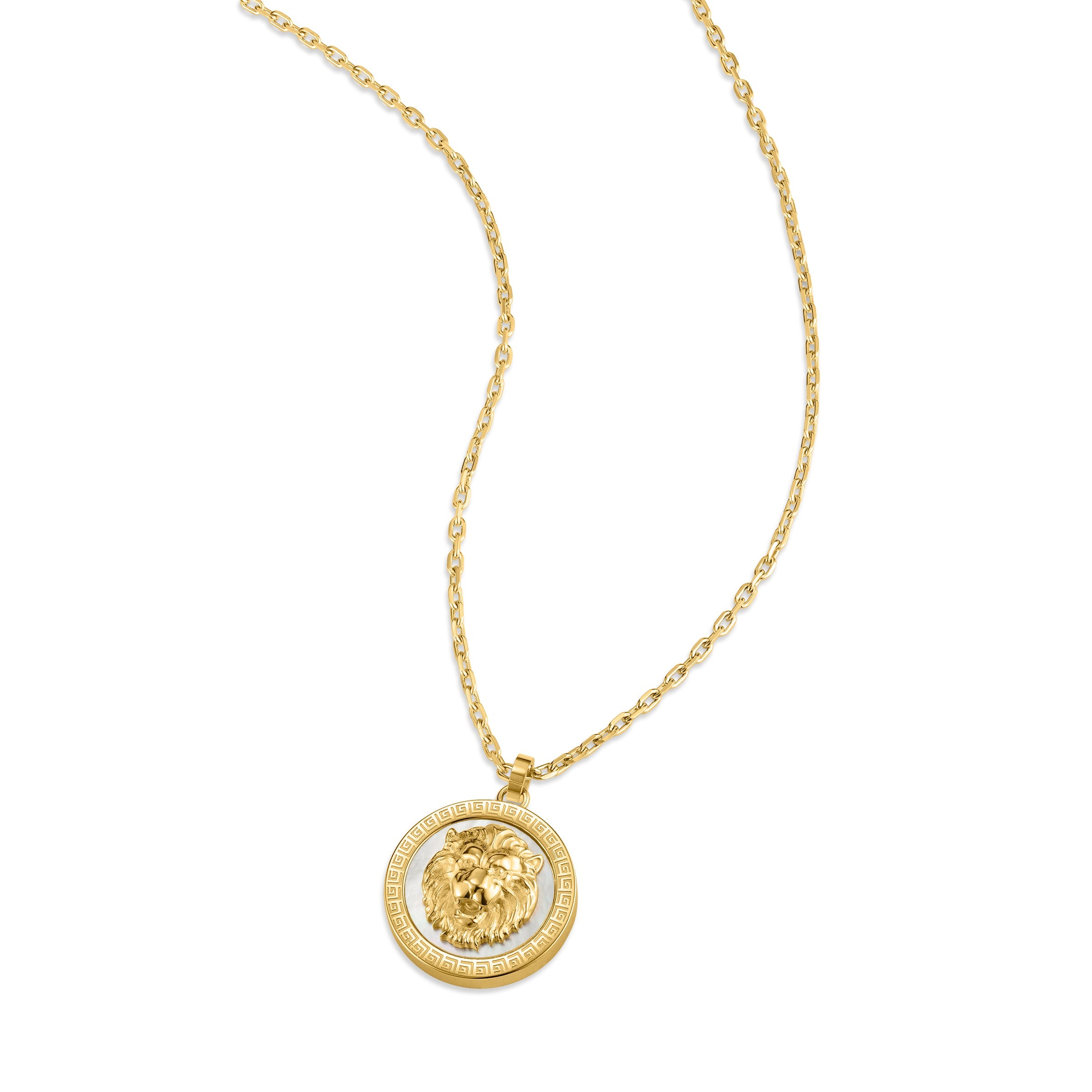Gold-toned necklace with a circular pendant featuring a raised lion's head and white mother-of-pearl inlay.