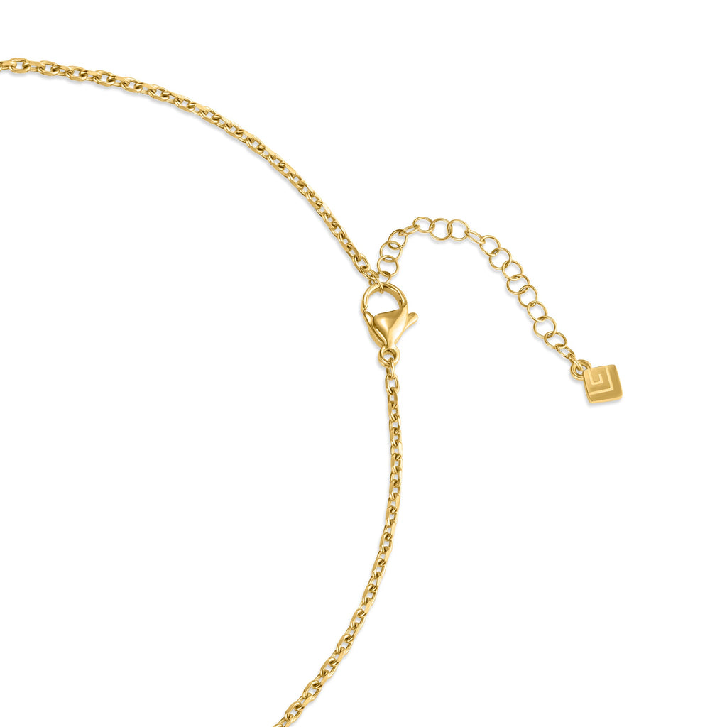 Gold-toned delicate link necklace with a lobster clasp and an extender chain ending in a square charm with a logo.