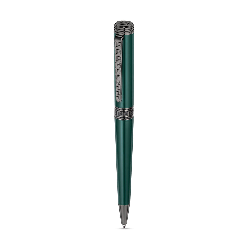 Green pen with gunmetal-toned accents. The clip, cap top, and a central band feature a repeating square pattern.