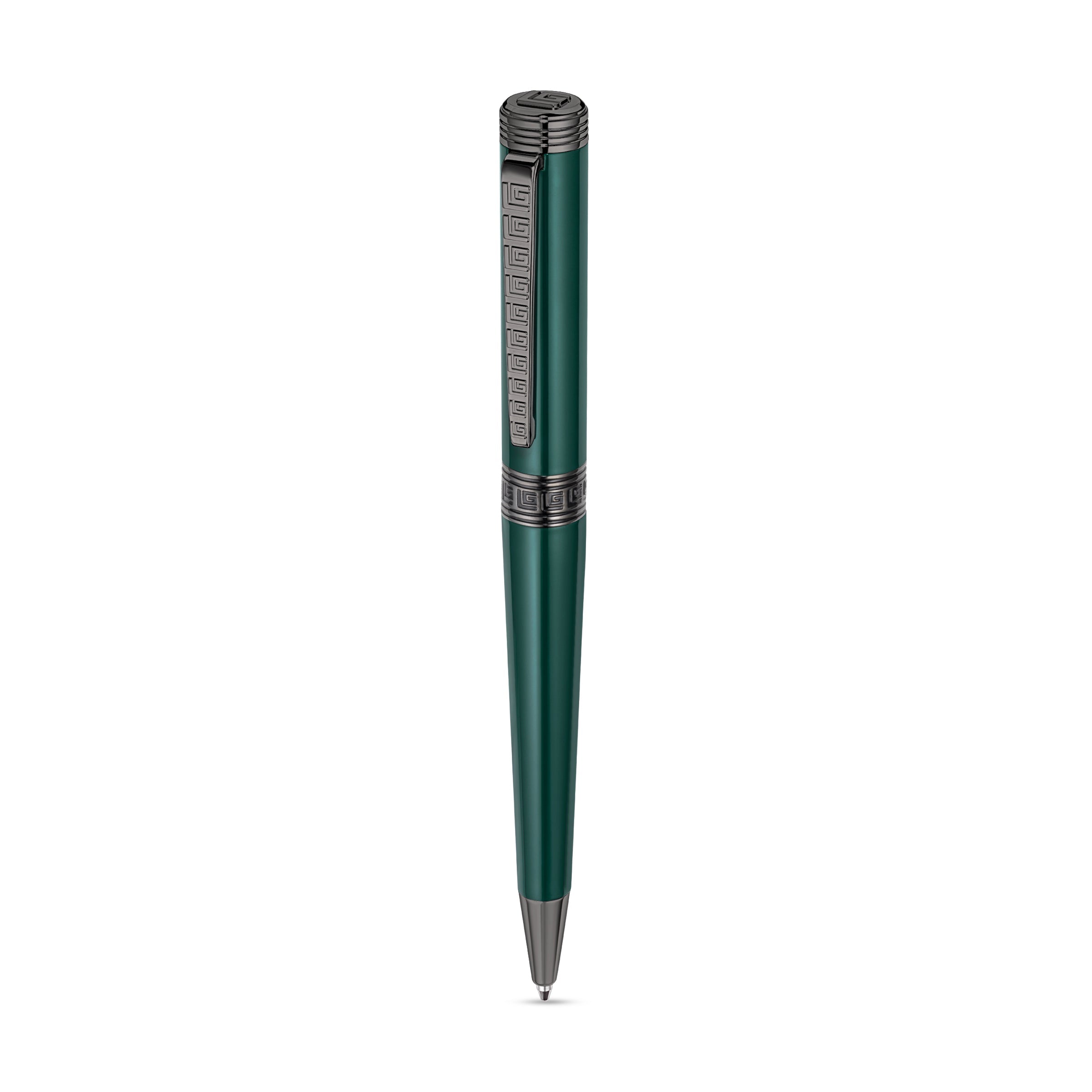 Green pen with gunmetal-toned accents. The clip, cap top, and a central band feature a repeating square pattern.