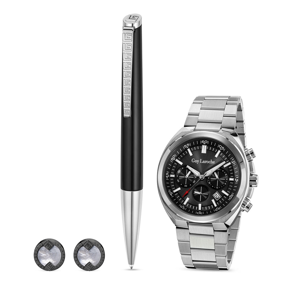 Guy Laroche Black Watch + Black Pen + Black Cufflinks Set