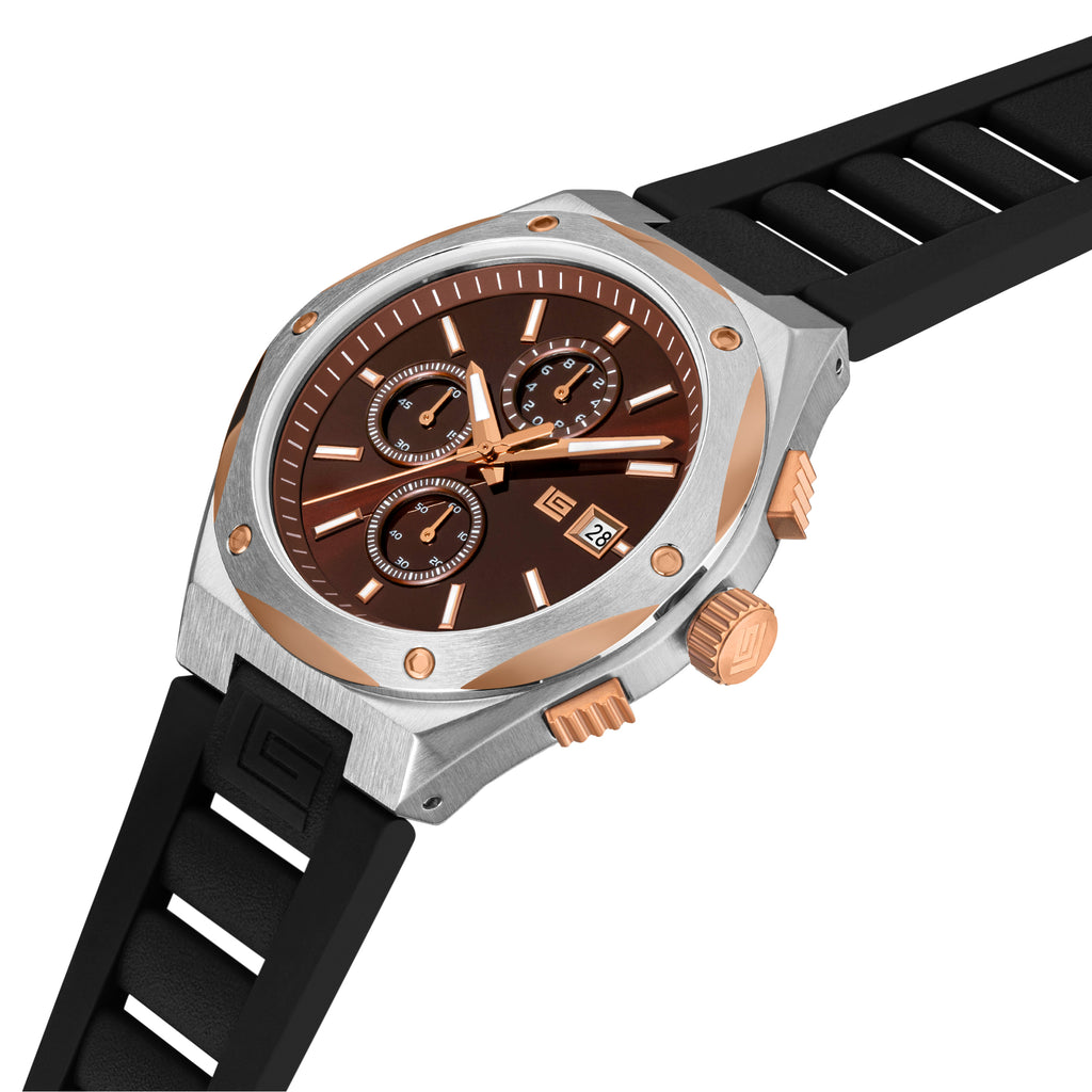 Guy Laroche Men's Chronograph Watch Black Strap Rose Gold Tone Set
