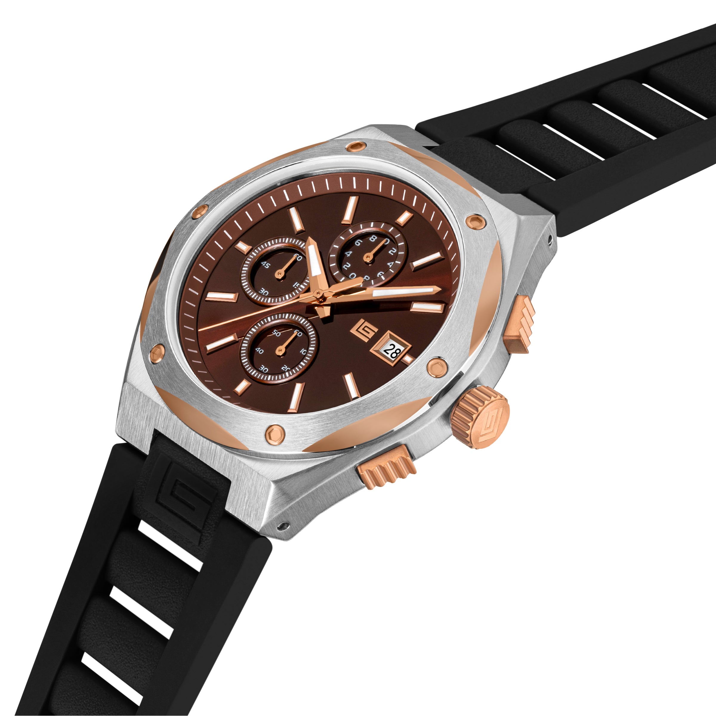 Guy Laroche Men's Chronograph Watch Black Strap Rose Gold Tone Set