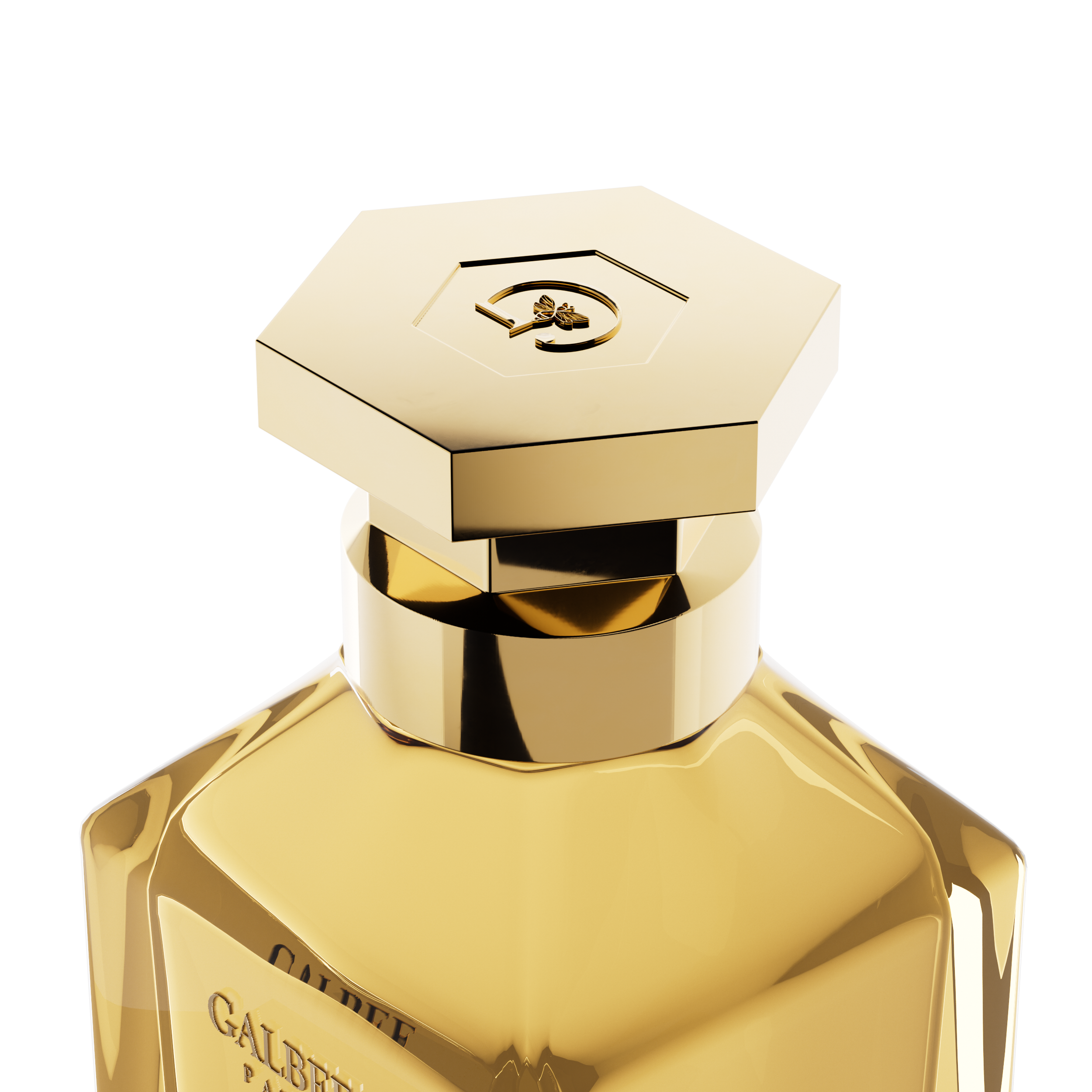 A close-up detail shot of the golden hexagonal cap on the Galbee Paris bottle, showcasing the delicate bee engraving on the top surface.