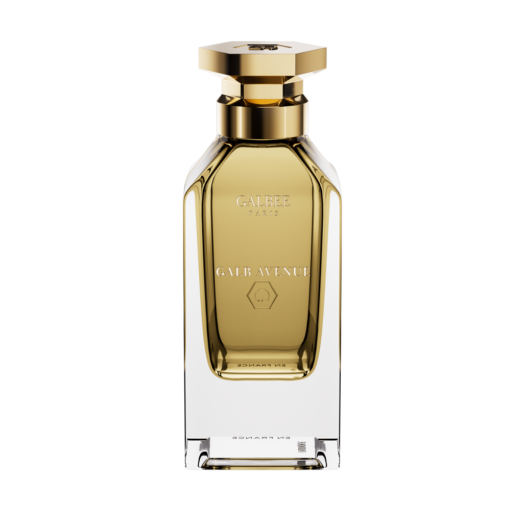 A front-facing view of the Galbee Is Woody perfume bottle, highlighting the gold-etched branding and the signature hexagonal emblem on the glass.