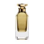 A front-facing view of the Galbee Is Woody perfume bottle, highlighting the gold-etched branding and the signature hexagonal emblem on the glass.