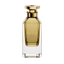 A front-facing view of the Galbee Is Woody perfume bottle, highlighting the gold-etched branding and the signature hexagonal emblem on the glass.
