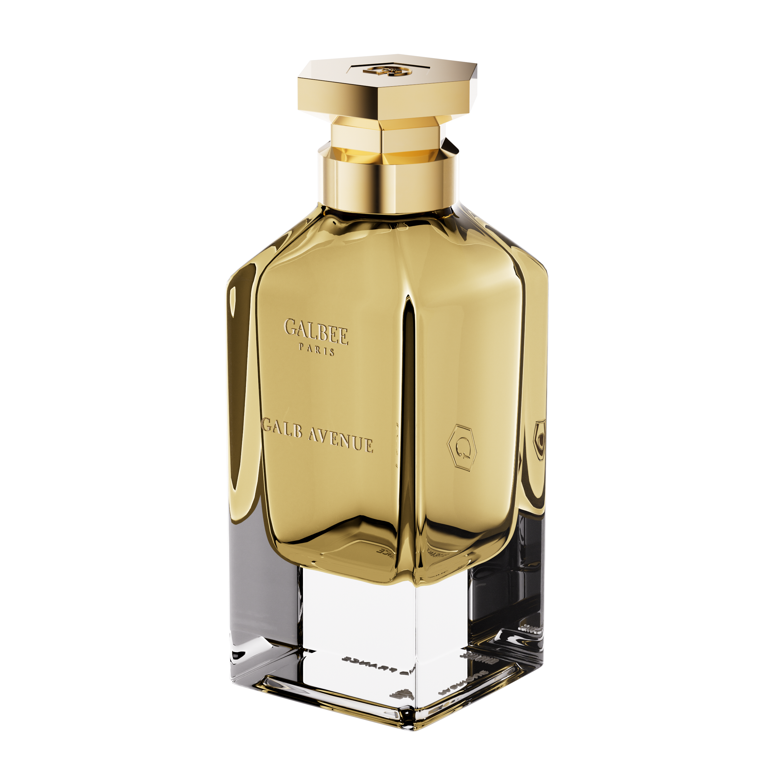 A three-quarter perspective view of the Galbee Paris Galbee Is Woody perfume bottle, showing its clear glass base, amber interior, and hexagonal gold cap.