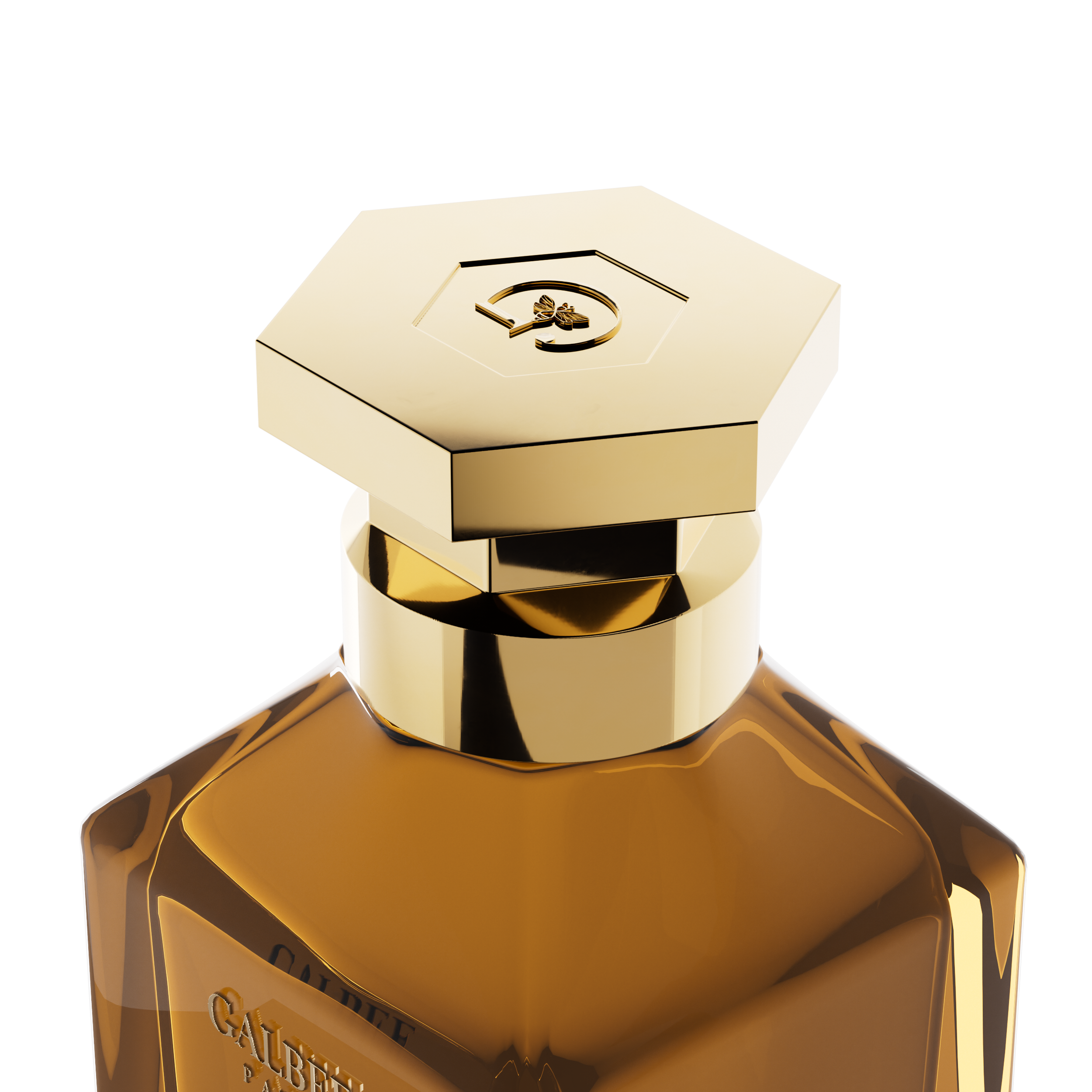 A close-up detail shot of the golden hexagonal cap on the Galbee Paris bottle, showcasing the delicate bee engraving on the top surface.