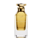 A front view of the Galbee Paris Note of Galb perfume bottle, featuring a clear glass exterior, a golden interior, and a gold hexagonal cap.