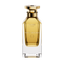 A front view of the Galbee Paris Note of Galb perfume bottle, featuring a clear glass exterior, a golden interior, and a gold hexagonal cap.