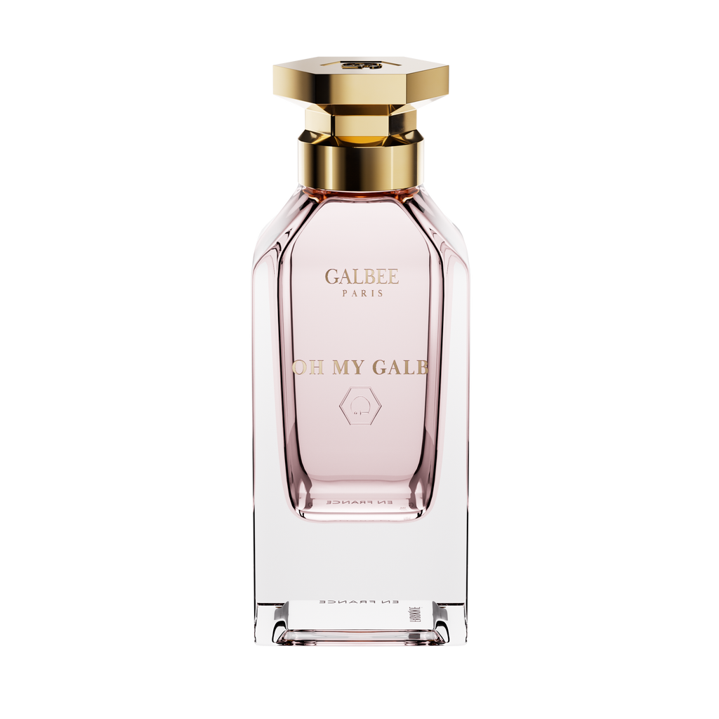 A front-facing view of the Galbee Paris Oh My Galb perfume bottle, highlighting the gold-etched branding and the signature hexagonal emblem on the glass.