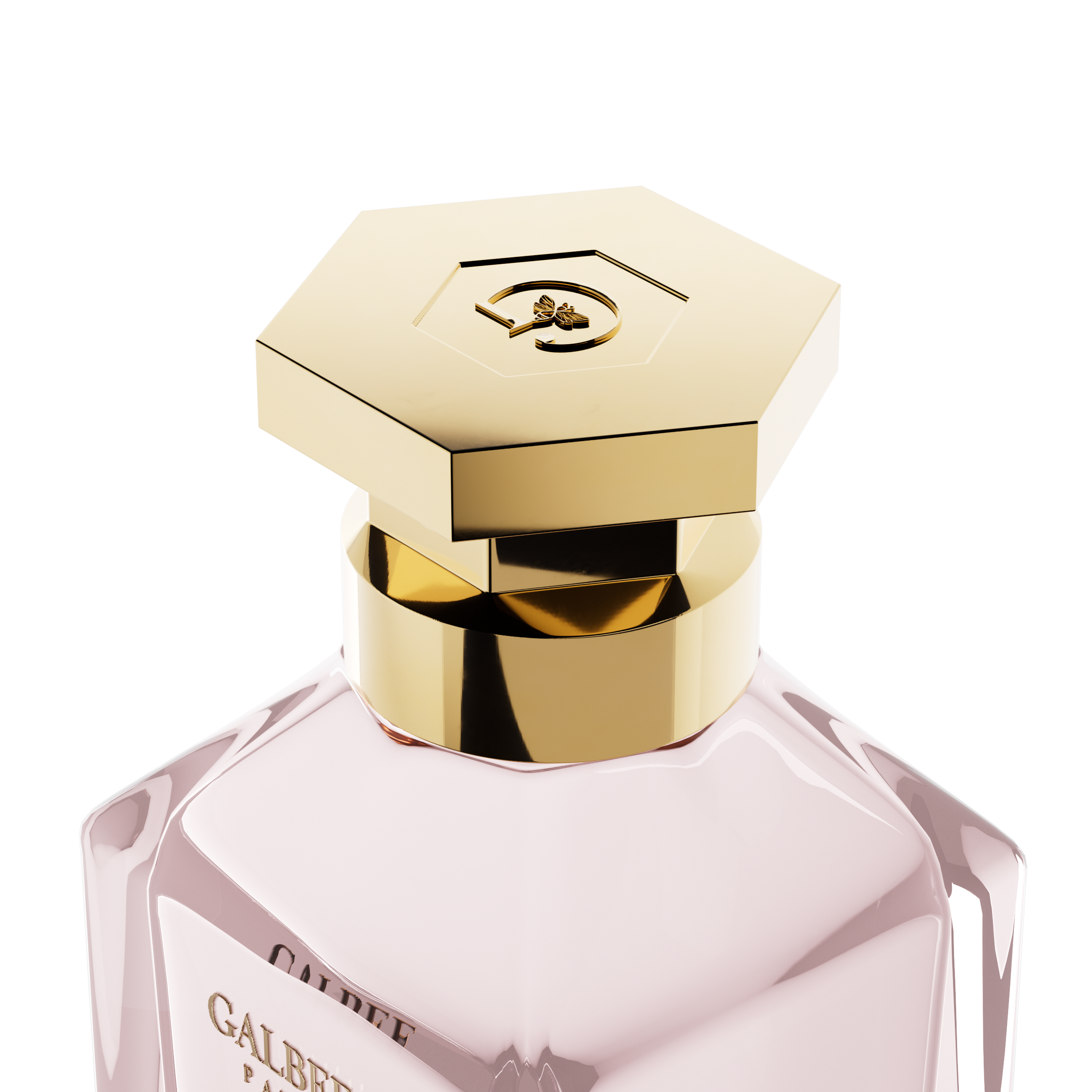 A close-up detail shot of the golden hexagonal cap on the Galbee Paris bottle, showcasing the delicate bee engraving on the top surface.