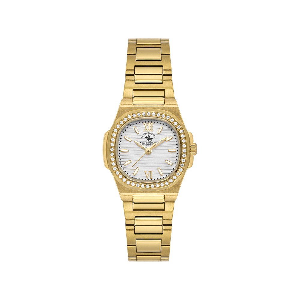 Gold-toned Santa Barbara Polo & Racquet Club women's watch with a cushion-shaped case, white striped dial, and clear stones o