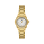 Gold-toned Santa Barbara Polo & Racquet Club women's watch with a cushion-shaped case, white striped dial, and clear stones o