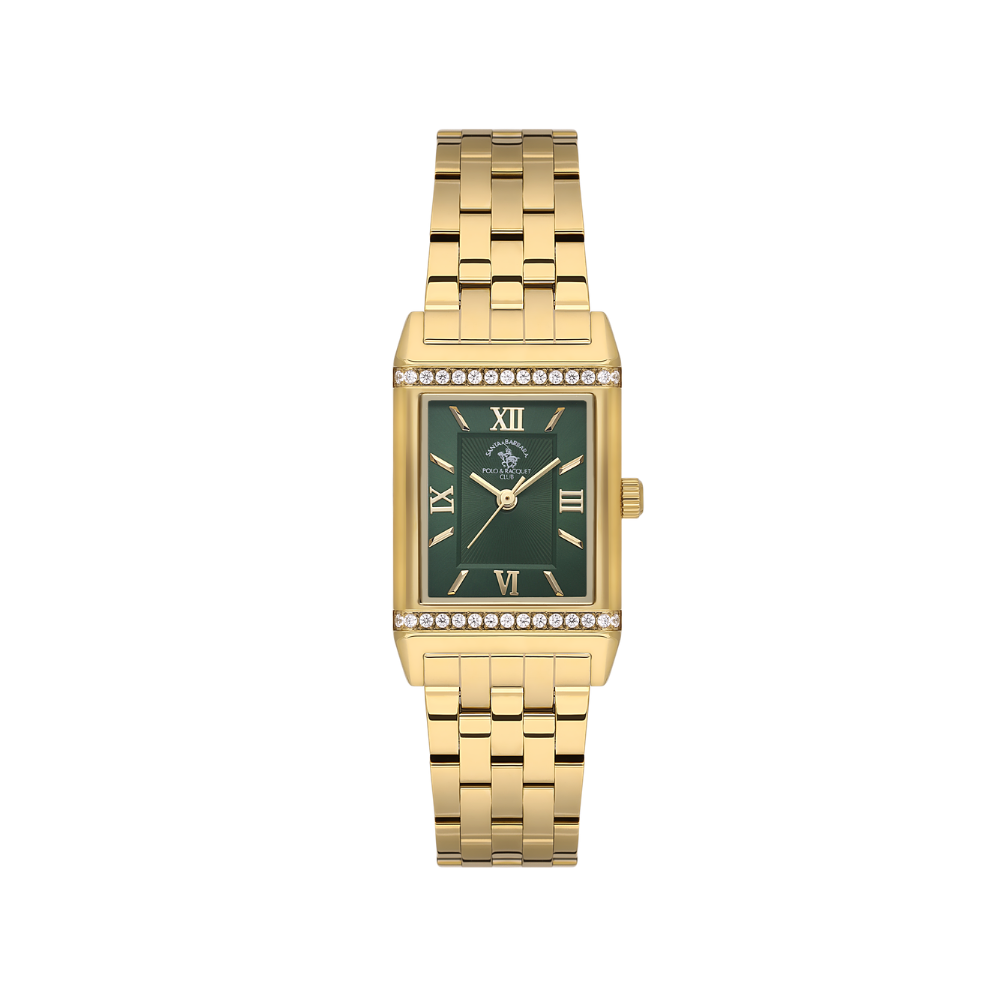 Gold-toned rectangular watch with a dark green dial, Roman numerals, and crystal embellishments on the case.