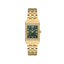 Gold-toned rectangular watch with a dark green dial, Roman numerals, and crystal embellishments on the case.