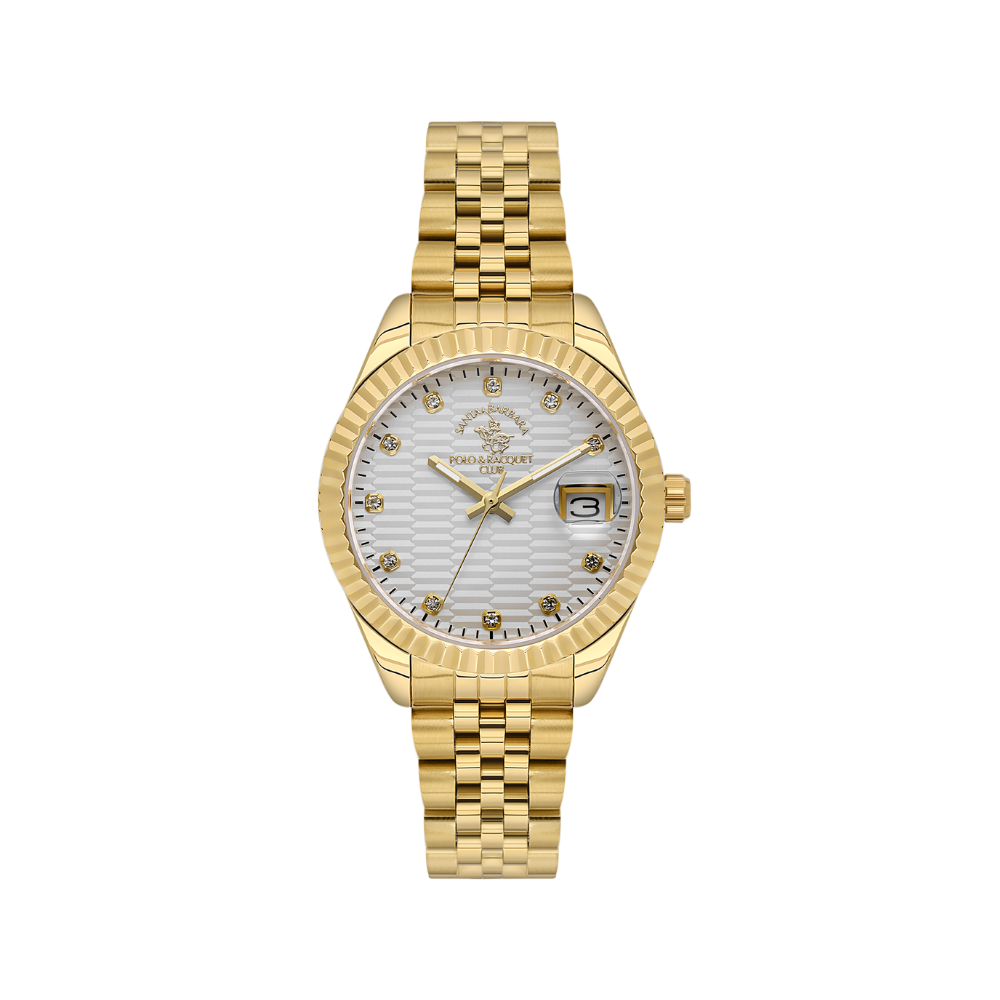 Gold-toned watch with a fluted bezel, white textured dial, stone hour markers, date window, and multi-link bracelet.