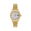 Gold-toned watch with a fluted bezel, white textured dial, stone hour markers, date window, and multi-link bracelet.
